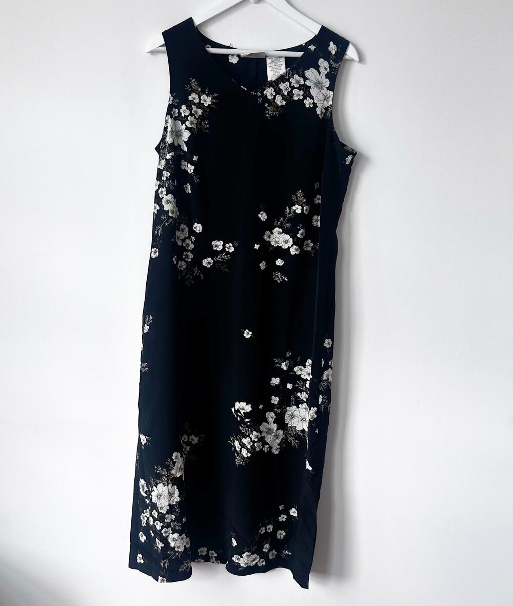 Vintage 1990s Kathie Lee Maxi Dress Black Floral Plus Size 14/16 1X Fairy Twee
